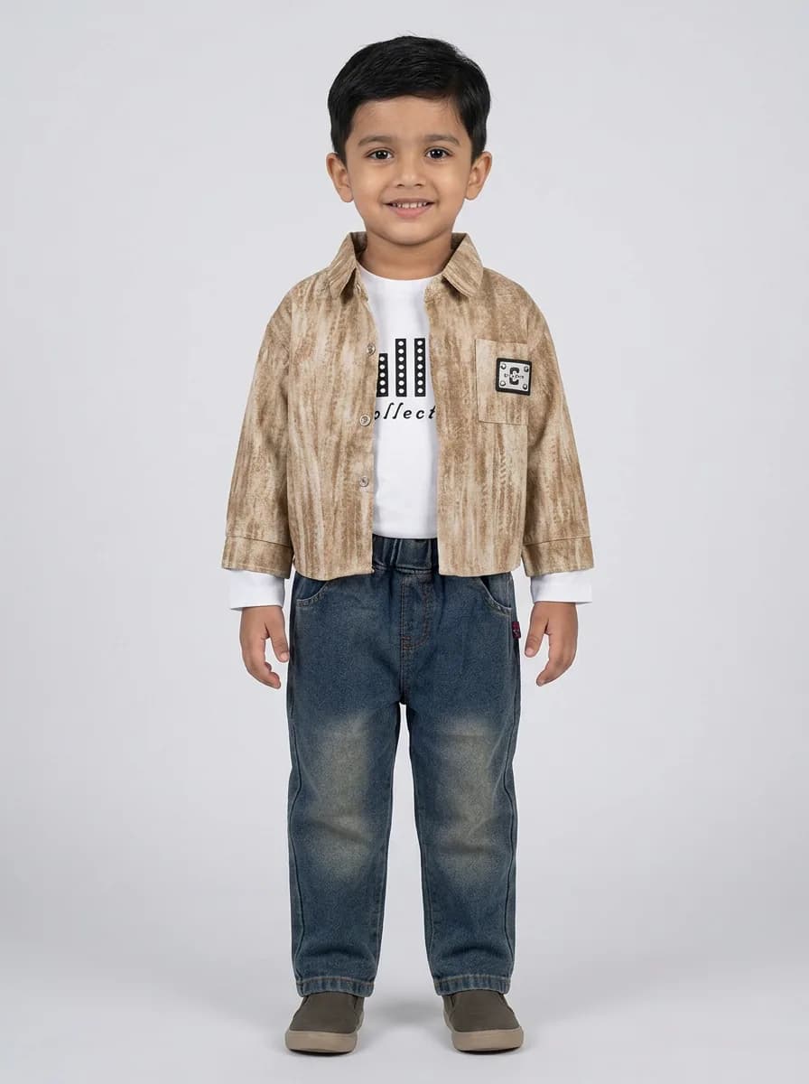 Boys 3-Piece Textured Beige Shirt Jacket, White Graphic T-Shirt and Dark Blue Washed Denim Jeans Set