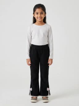 Girls Black Corduroy Flared Trousers with Lace Trim and Bow Accent