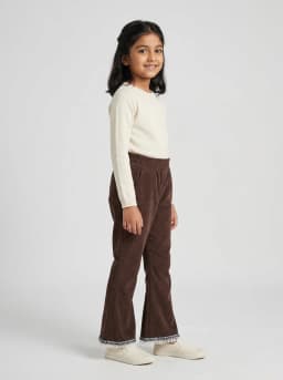 Girls Chocolate Brown Corduroy Flared Trousers with Frill Trim Hem