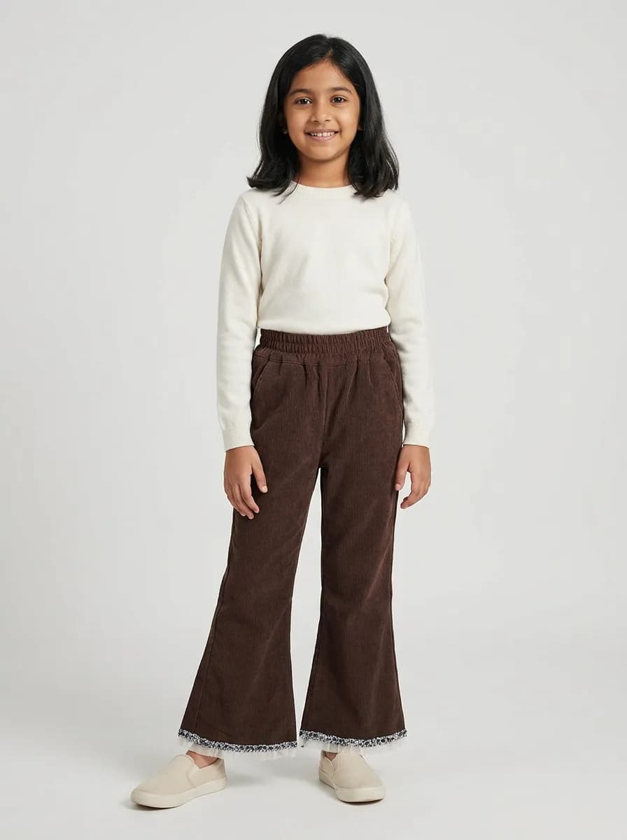 Girls Chocolate Brown Corduroy Flared Trousers with Frill Trim Hem