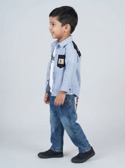 Boys Light Blue Striped Shirt, White T-Shirt and Mid-Blue Washed Jeans 3-Piece Set