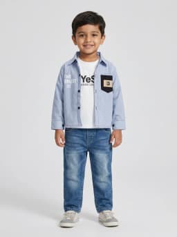 Boys Light Blue Striped Shirt, White T-Shirt and Mid-Blue Washed Jeans 3-Piece Set