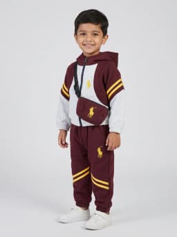 Maroon and Heather Grey Colourblocked Hooded Tracksuit with Crossbody Pouch - 3 Piece Set