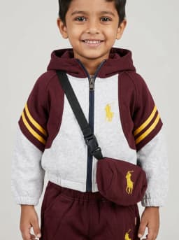Maroon and Heather Grey Colourblocked Hooded Tracksuit with Crossbody Pouch - 3 Piece Set