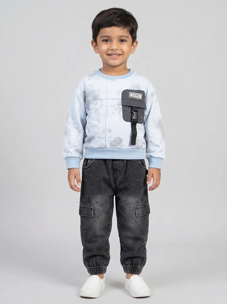 Boys Light Blue Tie Dye Sweatshirt and Washed Black Denim Cargo Joggers Set