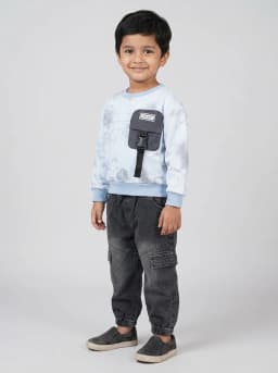 Boys Light Blue Tie Dye Sweatshirt and Washed Black Denim Cargo Joggers Set