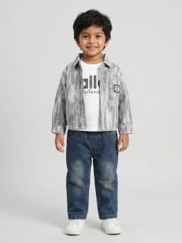 Boys Grey Acid Wash Shirt Jacket, White Graphic T-Shirt and Dark Blue Denim Jeans 3-Piece Set