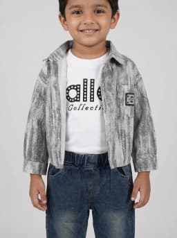 Boys Grey Acid Wash Shirt Jacket, White Graphic T-Shirt and Dark Blue Denim Jeans 3-Piece Set
