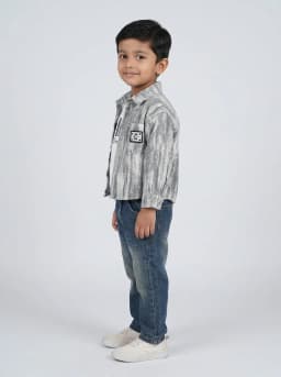 Boys Grey Acid Wash Shirt Jacket, White Graphic T-Shirt and Dark Blue Denim Jeans 3-Piece Set