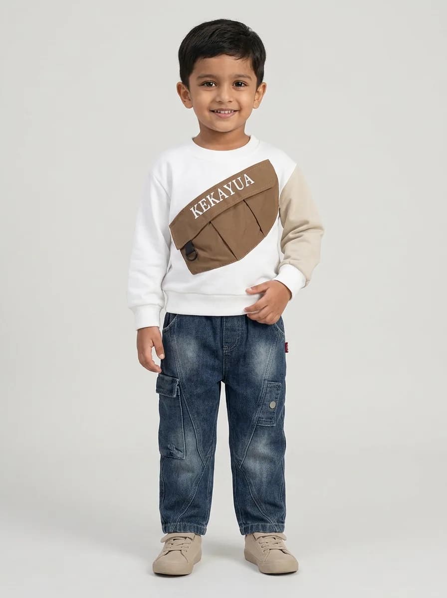 Boys White and Beige Sweatshirt with Dark Blue Washed Denim Cargo Jeans Set