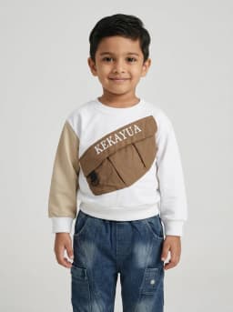 Boys White and Beige Sweatshirt with Dark Blue Washed Denim Cargo Jeans Set