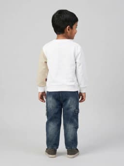 Boys White and Beige Sweatshirt with Dark Blue Washed Denim Cargo Jeans Set