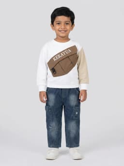 Boys White and Beige Sweatshirt with Dark Blue Washed Denim Cargo Jeans Set