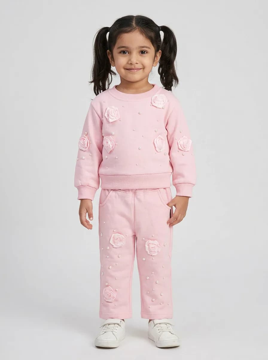 Girls Light Pink Sweatshirt and Joggers Set with 3D Rosettes and Pearl Embellishments