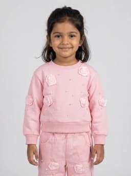Girls Light Pink Sweatshirt and Joggers Set with 3D Rosettes and Pearl Embellishments
