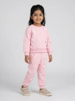 Girls Light Pink Sweatshirt and Joggers Set with 3D Rosettes and Pearl Embellishments