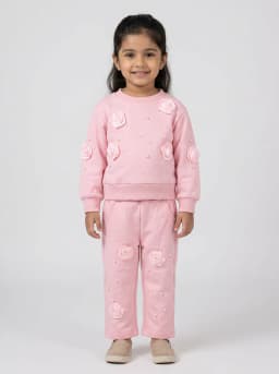 Girls Light Pink Sweatshirt and Joggers Set with 3D Rosettes and Pearl Embellishments