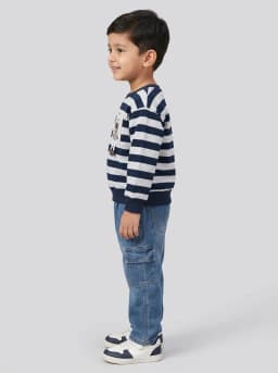 Boys Navy Blue Striped Bear Sweatshirt and Mid-Blue Washed Cargo Jeans Set
