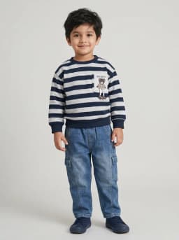 Boys Navy Blue Striped Bear Sweatshirt and Mid-Blue Washed Cargo Jeans Set
