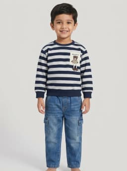 Boys Navy Blue Striped Bear Sweatshirt and Mid-Blue Washed Cargo Jeans Set