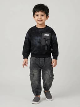 Boys Black Acid Wash Sweatshirt and Washed Black Denim Cargo Joggers Set