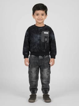 Boys Black Acid Wash Sweatshirt and Washed Black Denim Cargo Joggers Set
