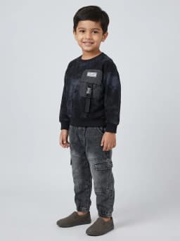 Boys Black Acid Wash Sweatshirt and Washed Black Denim Cargo Joggers Set