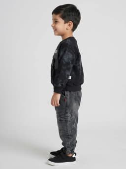 Boys Black Acid Wash Sweatshirt and Washed Black Denim Cargo Joggers Set