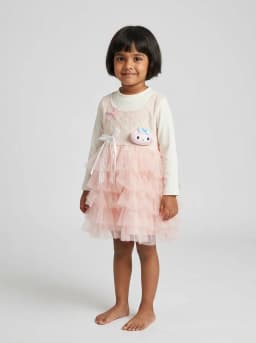 Baby Girls Blush Pink and Off-White Ruffled Tulle Dress with 3D Plush Applique