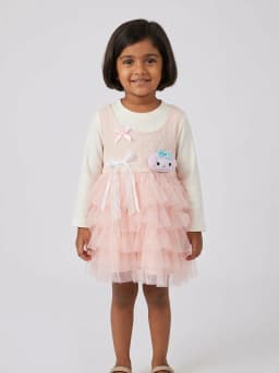 Baby Girls Blush Pink and Off-White Ruffled Tulle Dress with 3D Plush Applique