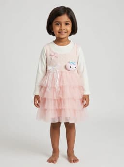 Baby Girls Blush Pink and Off-White Ruffled Tulle Dress with 3D Plush Applique