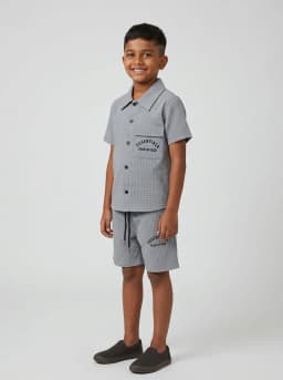 Boys Grey Textured Grid Shirt and Shorts Set