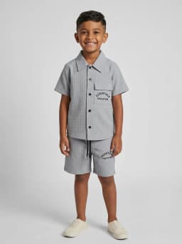 Boys Grey Textured Grid Shirt and Shorts Set