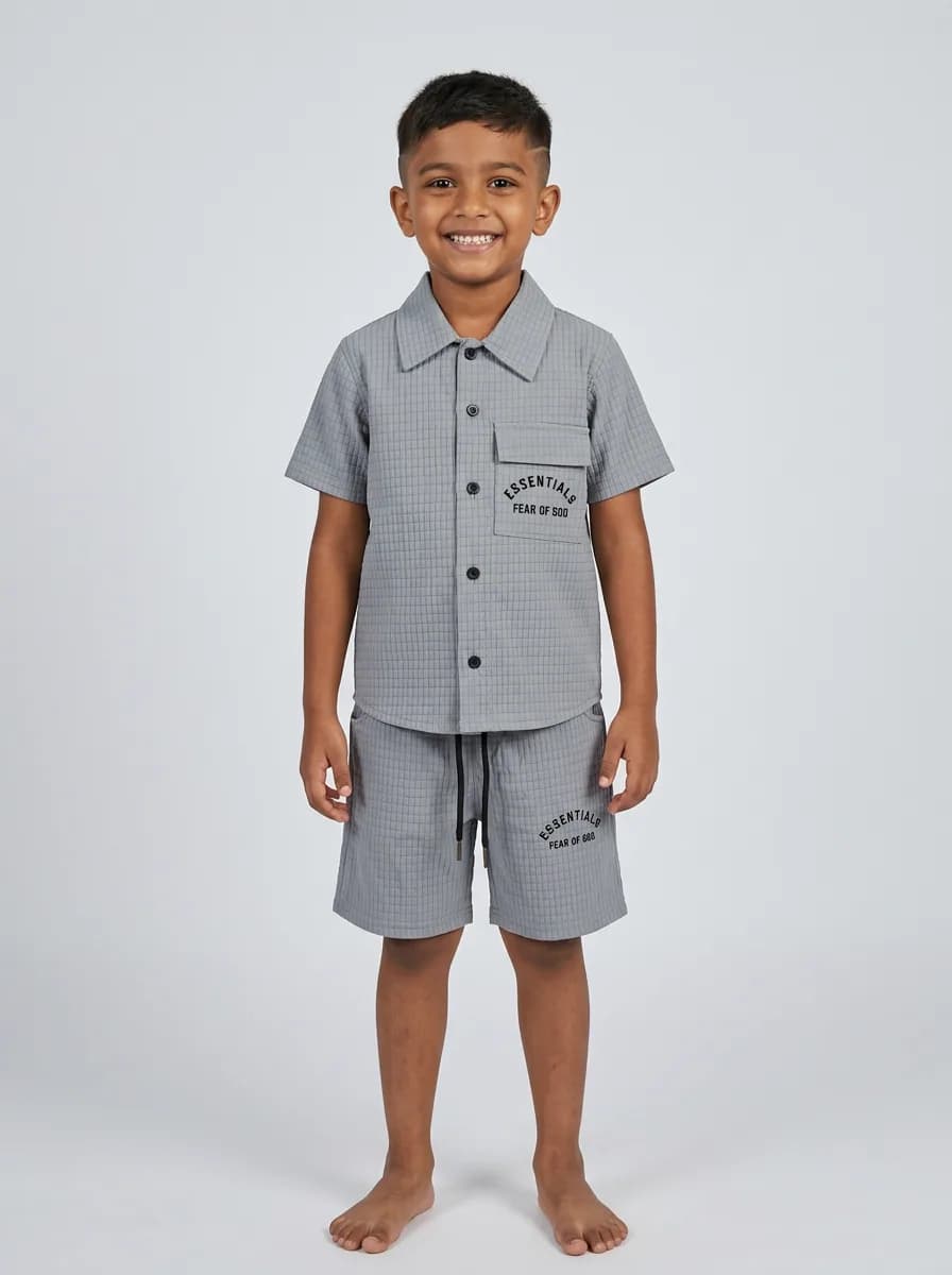 Boys Grey Textured Grid Shirt and Shorts Set