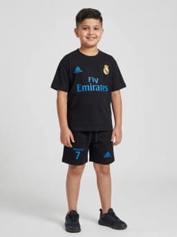 Boys Black Ronaldo 7 Printed Football Jersey T-Shirt and Shorts Set