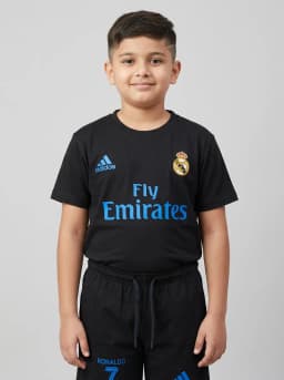 Boys Black Ronaldo 7 Printed Football Jersey T-Shirt and Shorts Set