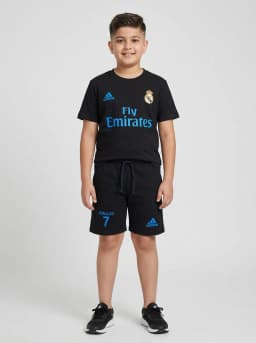Boys Black Ronaldo 7 Printed Football Jersey T-Shirt and Shorts Set