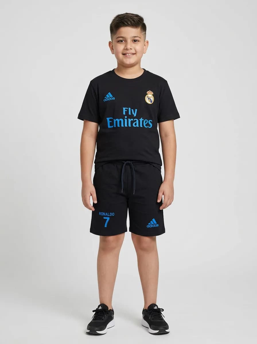 Boys Black Ronaldo 7 Printed Football Jersey T-Shirt and Shorts Set