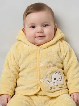 Baby Light Yellow Hooded Fleece Jacket and Pyjamas Set with Elephant Applique