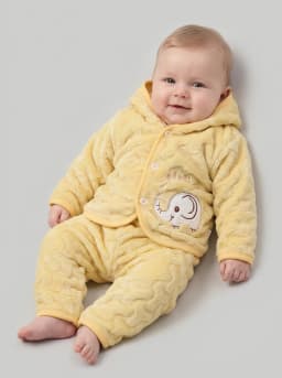 Baby Light Yellow Hooded Fleece Jacket and Pyjamas Set with Elephant Applique