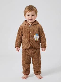 Baby Boys and Girls Camel Brown Plush Fleece Hooded Jacket and Pyjama Set
