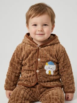 Baby Boys and Girls Camel Brown Plush Fleece Hooded Jacket and Pyjama Set