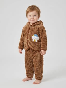 Baby Boys and Girls Camel Brown Plush Fleece Hooded Jacket and Pyjama Set