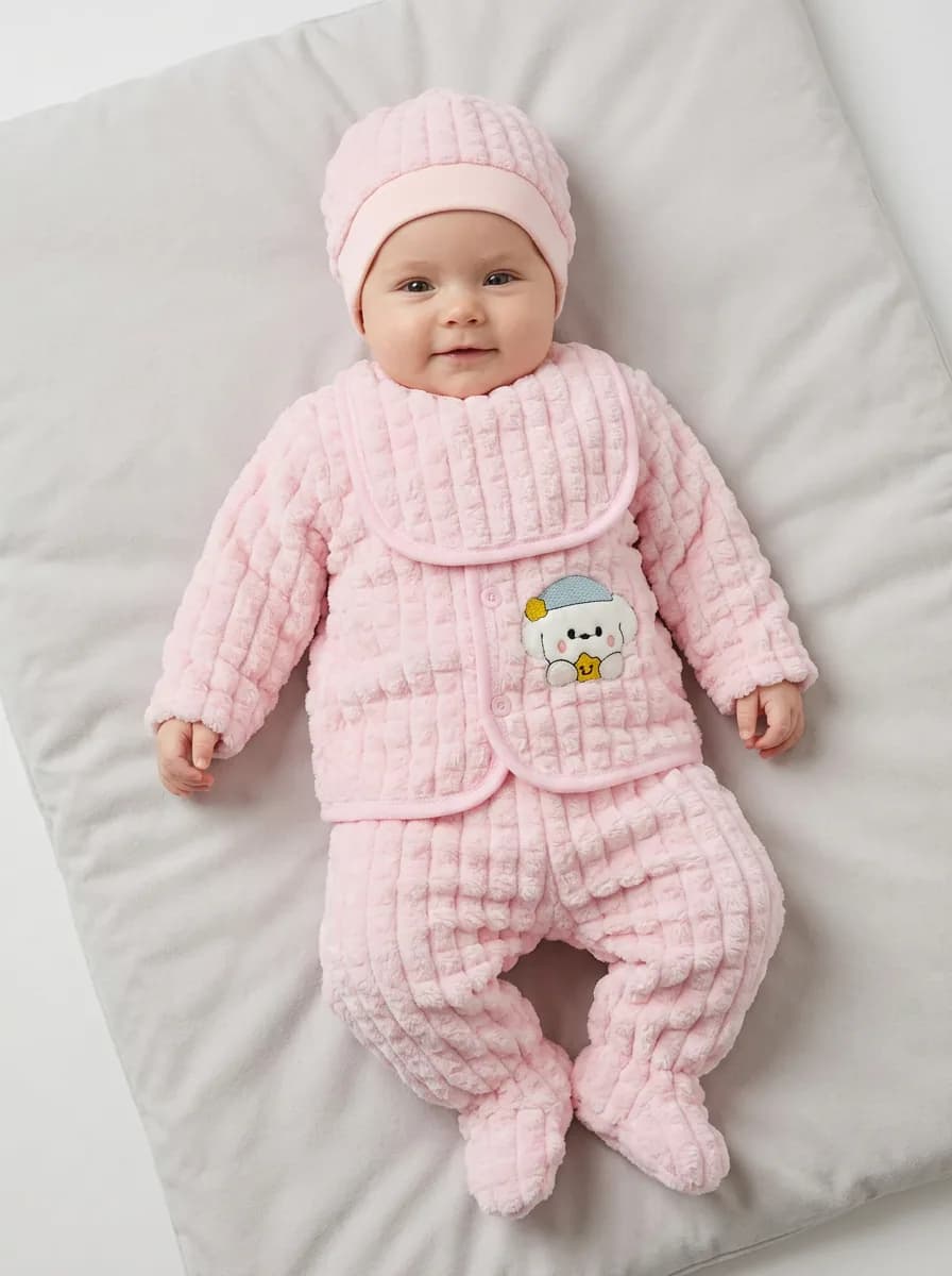 Baby Girls Light Pink Textured Fleece 5-Piece Winter Set