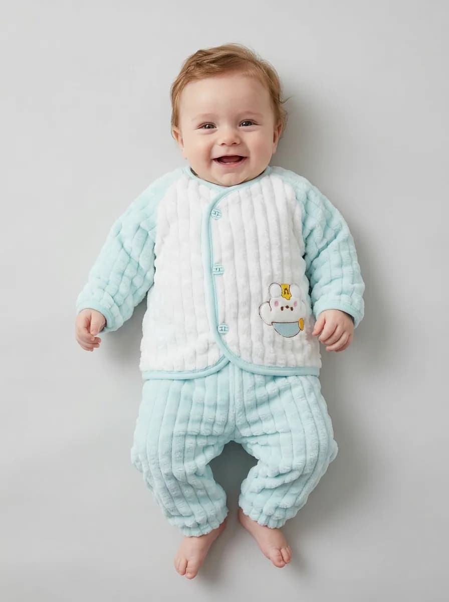 Baby Pastel Mint Blue and White Textured Fleece Top and Pyjamas Set