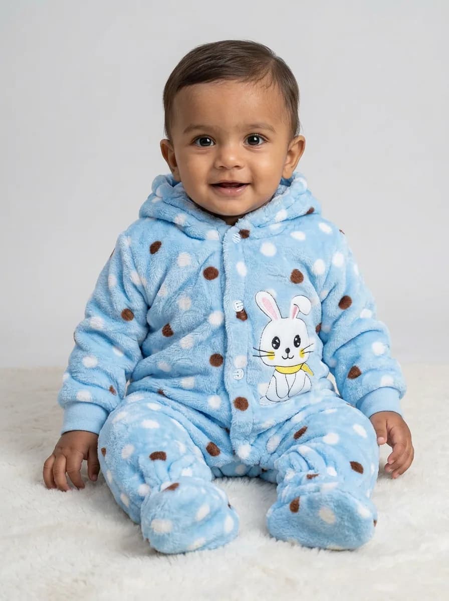 Baby Light Blue Polka Dot Hooded Fleece Romper with Bunny Patch