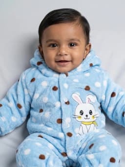 Baby Light Blue Polka Dot Hooded Fleece Romper with Bunny Patch