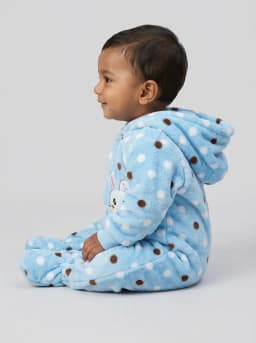 Baby Light Blue Polka Dot Hooded Fleece Romper with Bunny Patch