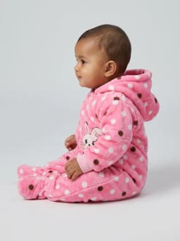 Baby Girls Pink Polka Dot Hooded Fleece Romper with Bunny Patch