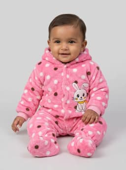 Baby Girls Pink Polka Dot Hooded Fleece Romper with Bunny Patch